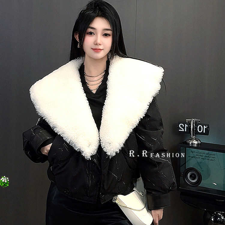 拼皮鹅绒羽绒服女2025秋冬新款欧洲站欧货大翻领短款保暖外套长袖