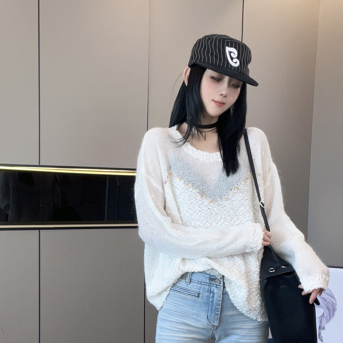 毛衣女2026秋季新款欧洲站拼接重工亮片套头针织衫露肩长袖上衣