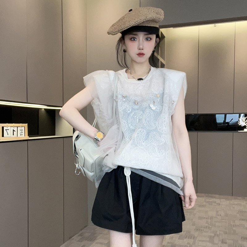【现货】T恤女2025夏季新款设计感重工亮片网纱字母圆领无袖上衣