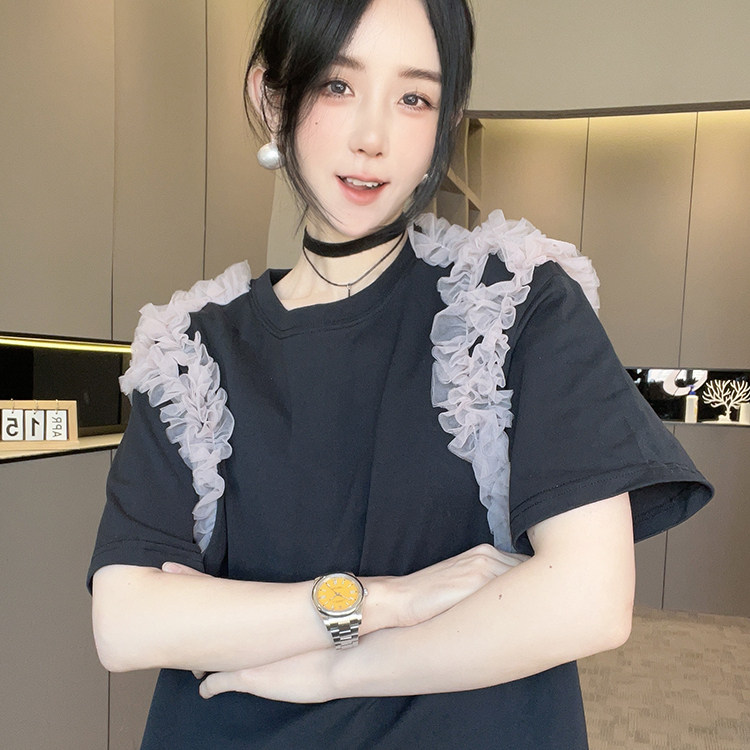 短袖T恤女2026春季新款欧洲站撞色拼接网纱木耳边打底衫圆领上衣