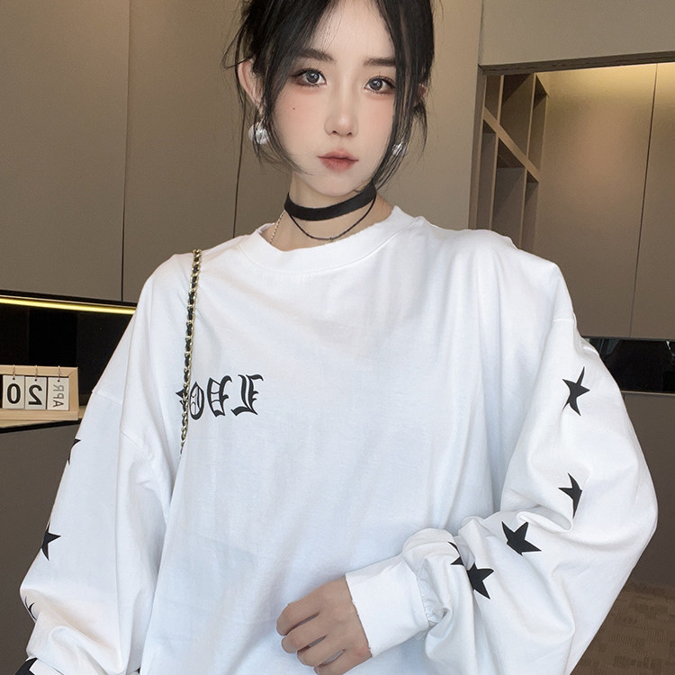 长袖T恤女2026春季新款欧洲站时尚拼接五角星印花中长款圆领上衣