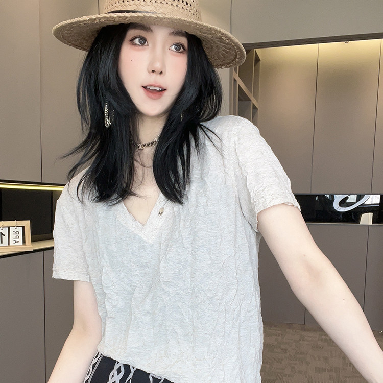 短袖T恤女2026夏季新款欧洲站时尚纯色简约褶皱V领套头半袖上衣