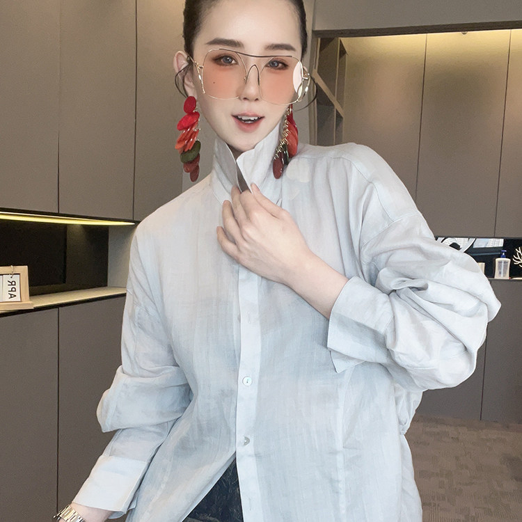 衬衫女2026夏季新款欧洲站设计感时尚纯色系带中长款衬衣长袖上衣