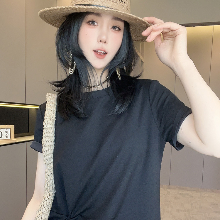 短袖连衣裙女2026夏季新款网纱拼接下摆T恤裙褶皱长裙圆领裙子