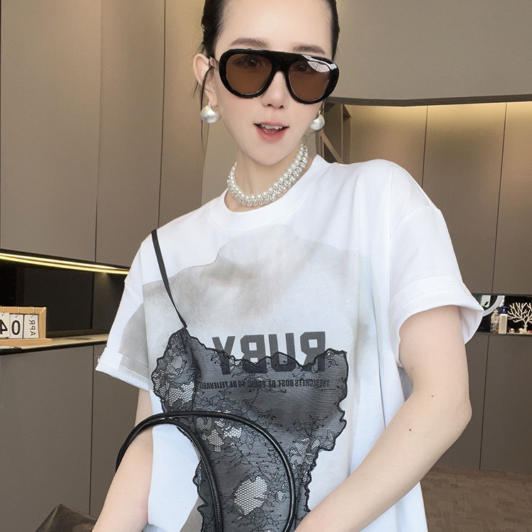 短袖T恤女2026春季新款中长款蕾丝拼接字母印花打底衫圆领上衣