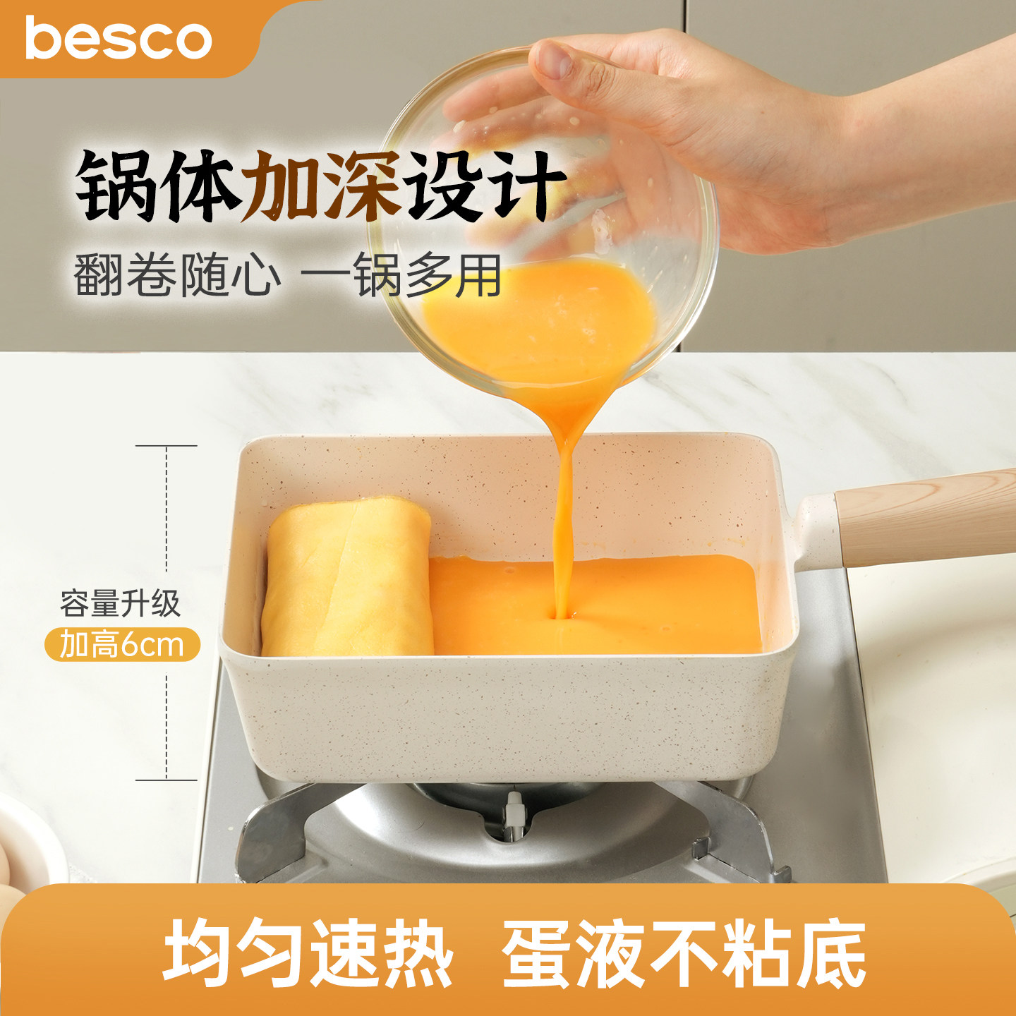 BESCO玉子烧加深煎锅厚蛋烧专用早餐锅烙饼煎蛋神器方形平底不粘 - 实物图