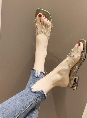 35-43大码女鞋 宽脚肥脚拖鞋夏外穿时尚粗跟一字拖时尚凉鞋2025年