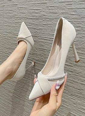 高跟鞋女2025年新款春秋季细跟尖头浅口水钻职业气质学生礼仪单鞋