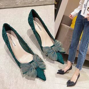 蝴蝶结单鞋 2026新款 绿色结婚鞋 女不累脚7cm细跟春秋女鞋 新高跟鞋