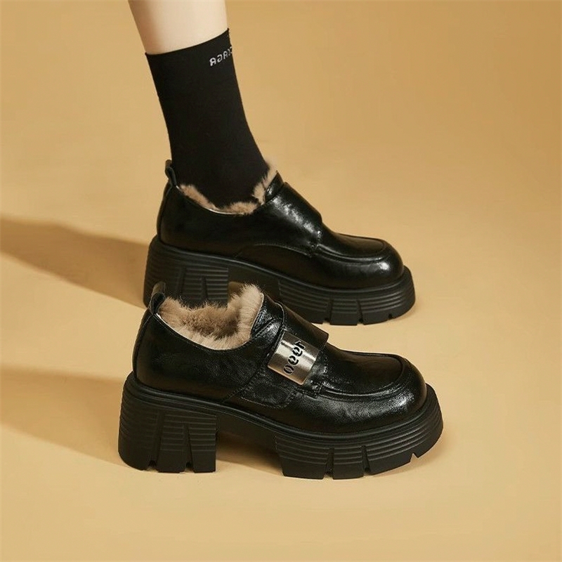 厚底乐福鞋女新款保暖加绒棉鞋女2025秋冬季英伦风增高软底小皮鞋