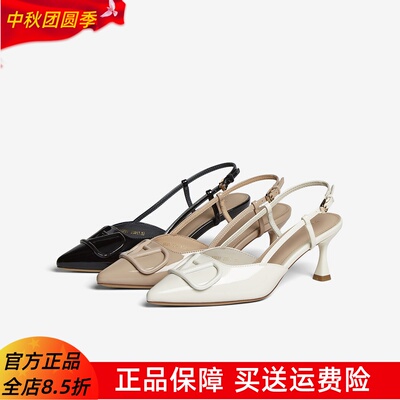 百思图25夏商场新款法式细跟裸色高跟鞋尖头后空女凉鞋F6031BH5