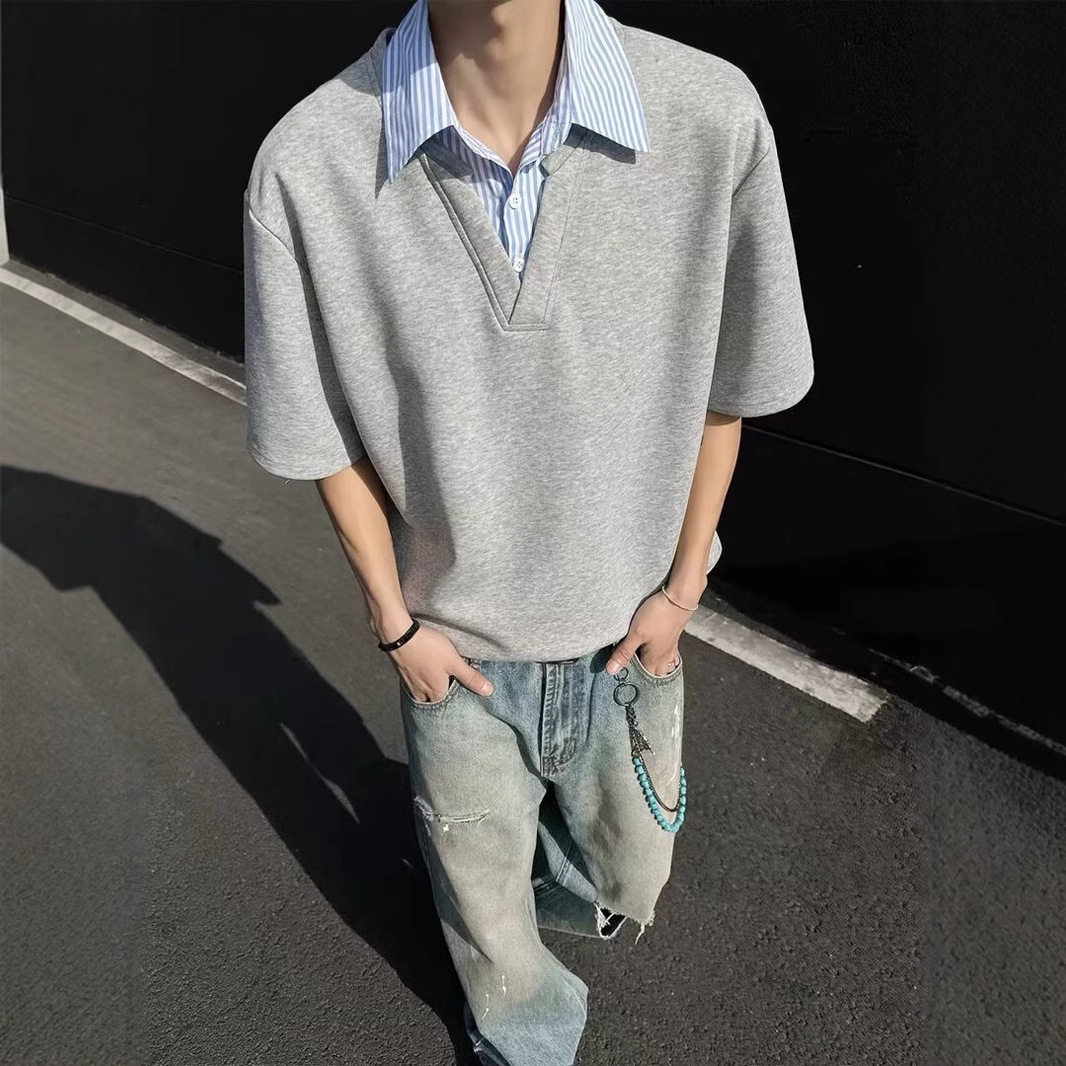 青少年宽松型常规款高级感假两件衬衫领棉短袖男夏季T恤Polo半袖
