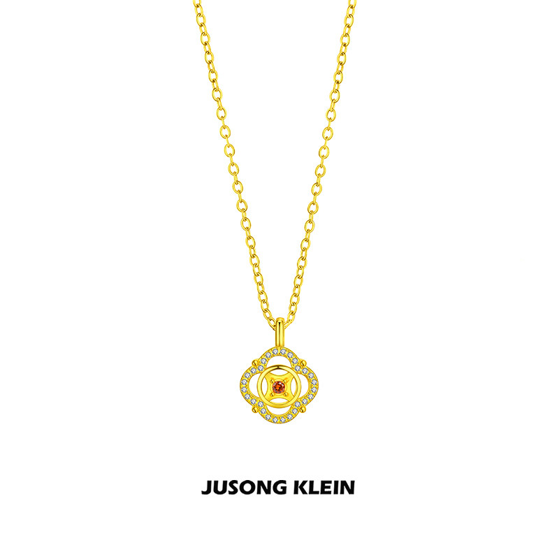 Jusong klein 钛钢项链原创设计新年系列四叶草女铜钱吊坠锁骨链