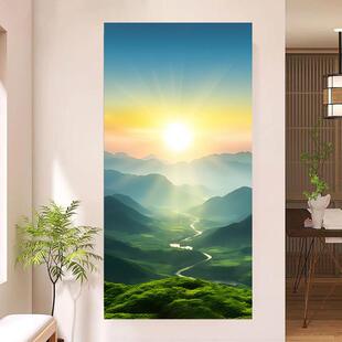 旭日东升客厅东墙招财挂画森林高山日出东方入户玄关装饰风景贴画