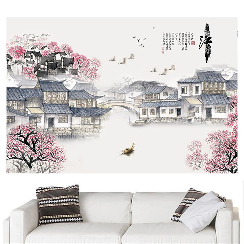 江南水乡山水装饰画忆江南新中式客厅电视沙发背景墙贴壁挂画自粘