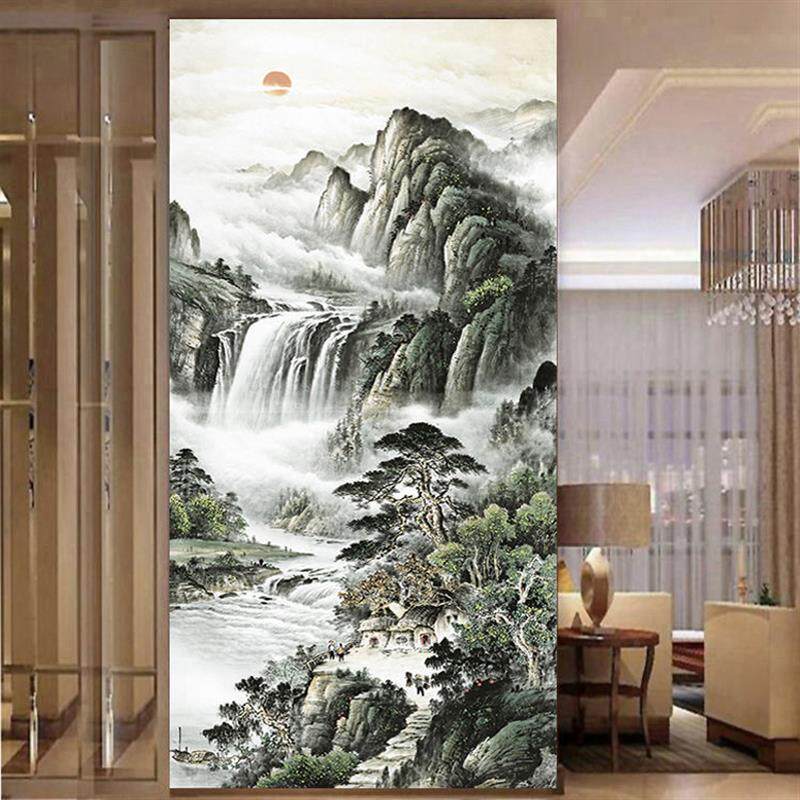 水墨山水画客厅竖版玄关墙贴装饰画瀑布走廊过道流水生财自粘壁画