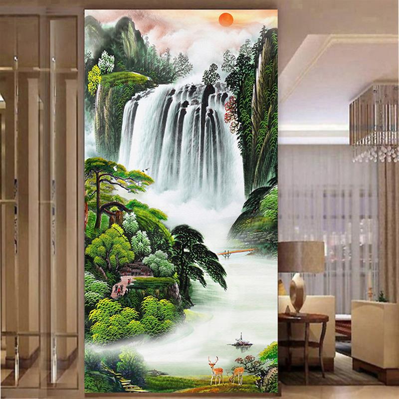 旭日东升山水瀑布迎客松招财竖版玄关装饰画墙贴壁挂画自粘定制