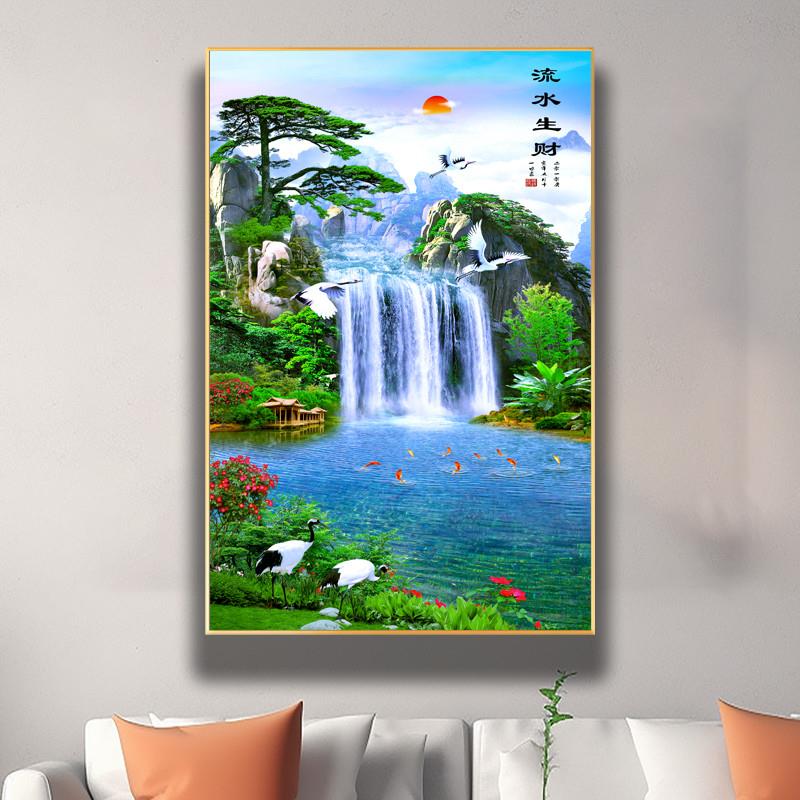 山水画客厅挂画竖版流水生财迎客松风景画靠山图玄关走廊卧室挂画
