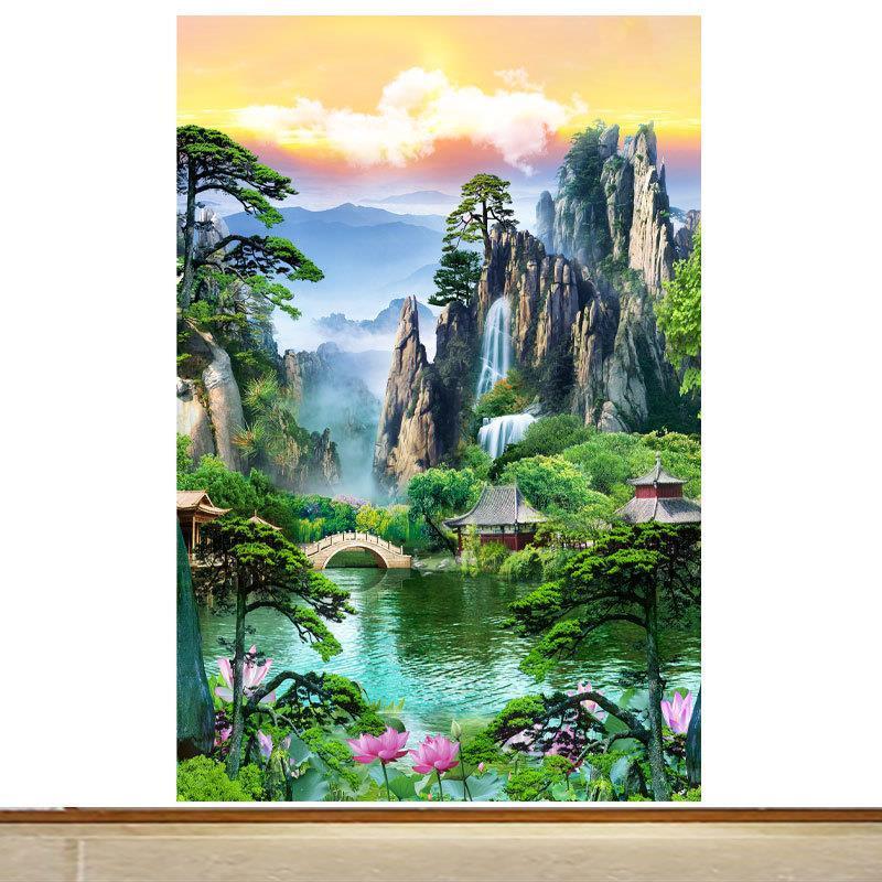 仙堂背景佛堂无动物活物山水画仙家背景堂口亭子贴画装饰壁纸贴纸