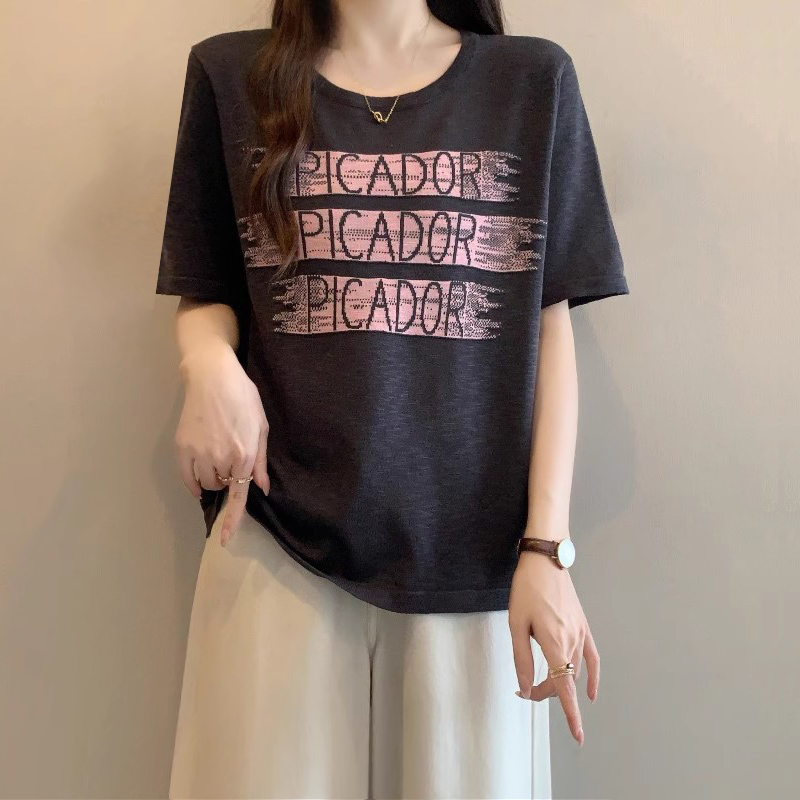 阿玛施冰丝正肩短袖T恤女2025夏新款大码胖mm竹节棉显瘦遮肚上衣
