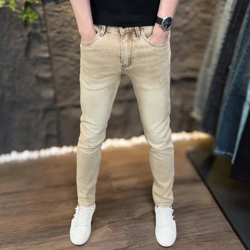 春秋款潮流男牛仔裤子修身百搭时尚休闲弹力卡其痞帅小脚直筒长裤