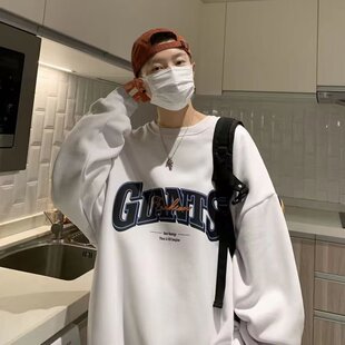 绿色字母印花圆领卫衣男秋季新款韩版宽松慵懒风休闲套头情侣外套