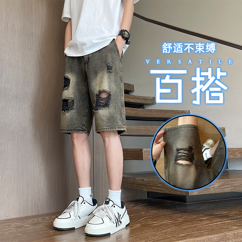 夏季薄款五分牛仔短裤男韩版潮流破洞修身休闲潮牌裤子男5分马裤