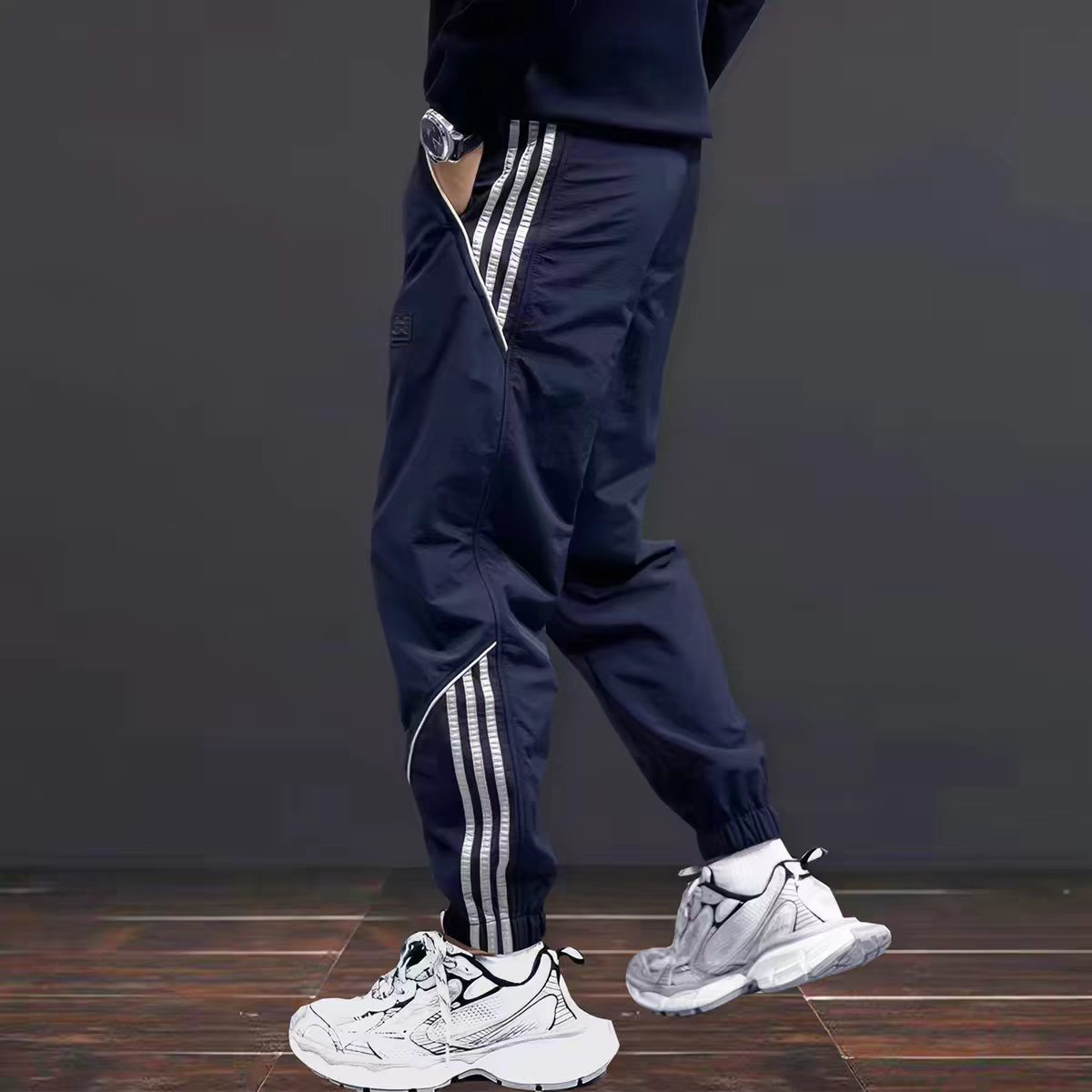夏休闲运动裤长裤子男宽松大码加肥工装束脚冲锋速干冰丝薄款春秋