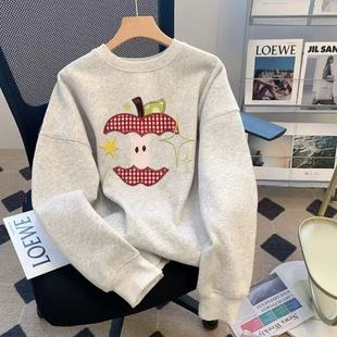韩系入冬衣服加绒圆领卫衣女学院风趣味苹果印花宽松百搭长袖上衣