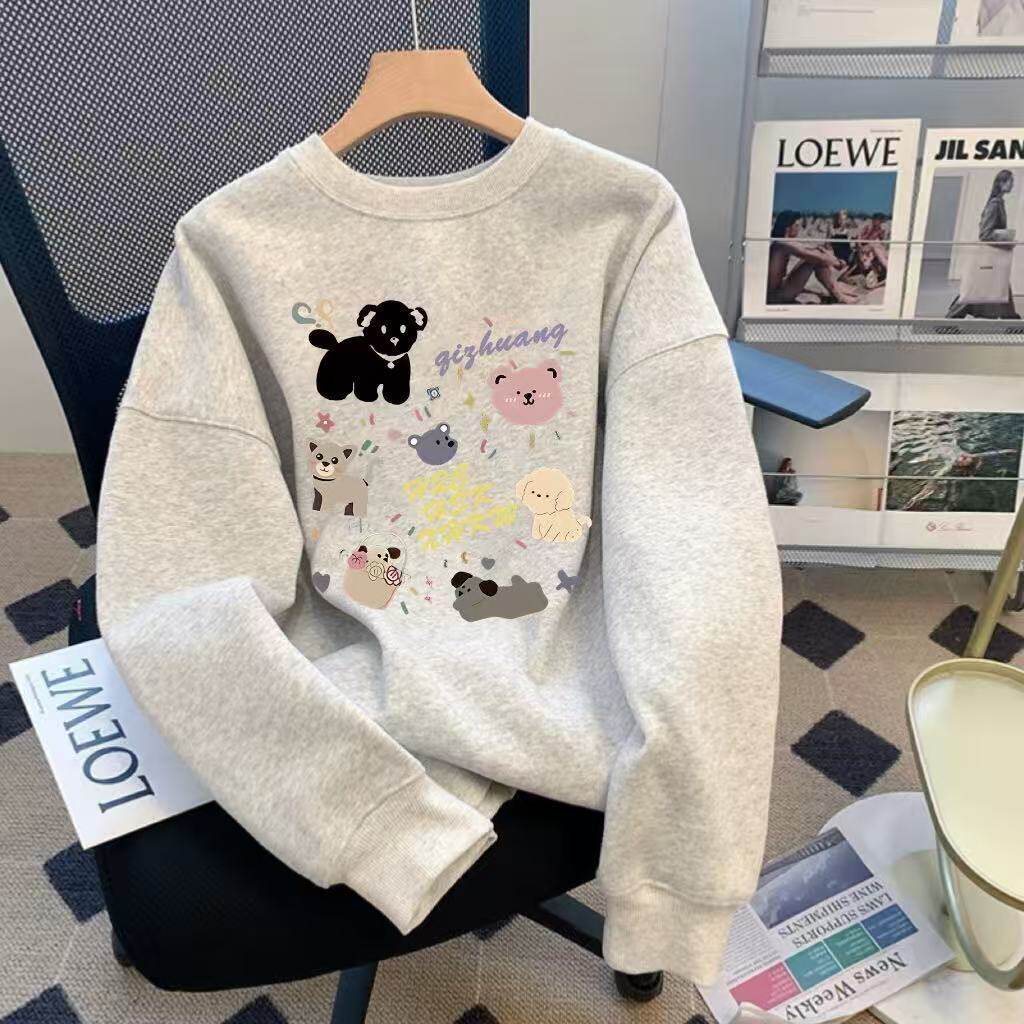 美式圆领卫衣女女宽松花灰色秋冬加绒2025秋冬小众慵懒风无帽外套