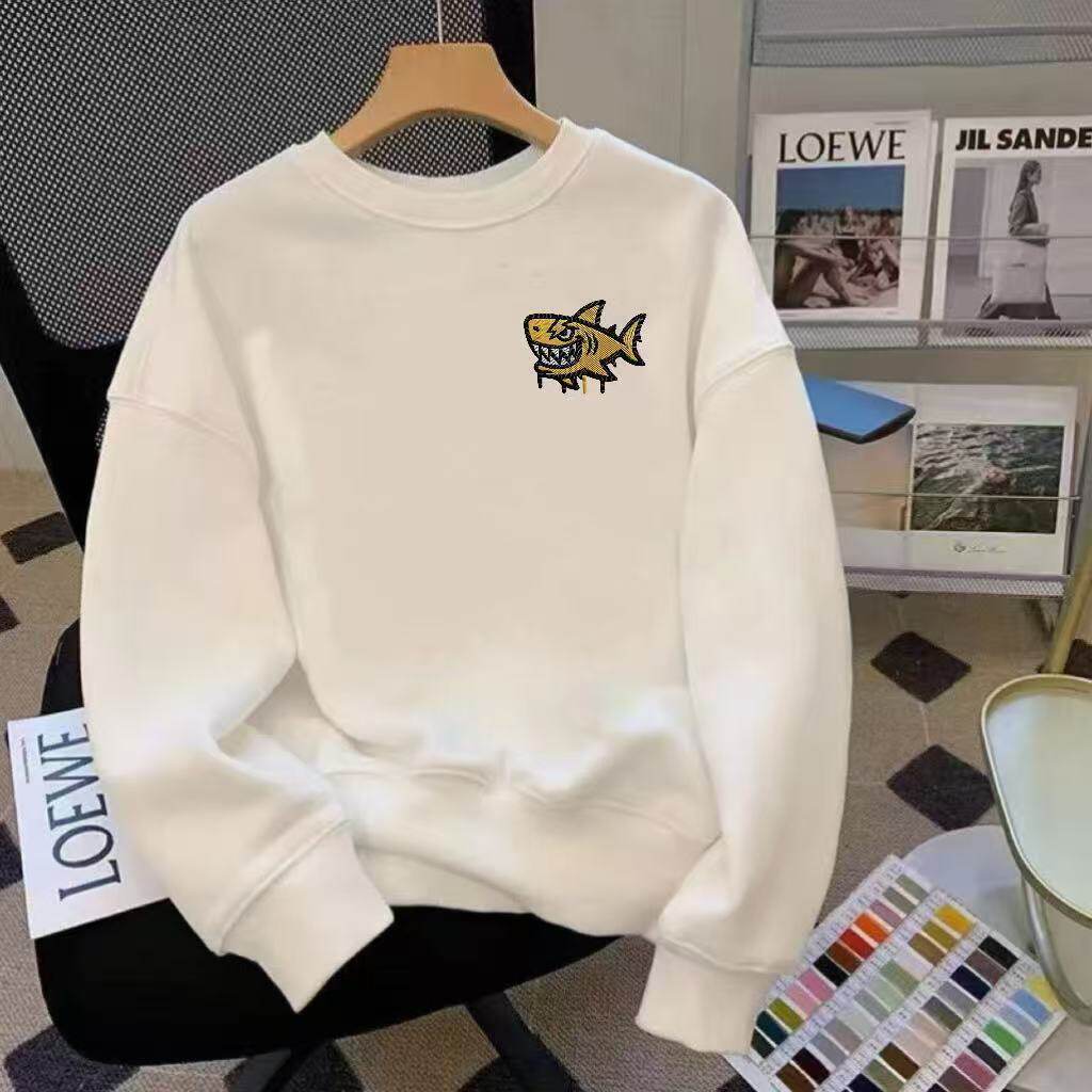 重磅美式新款鲨鱼印花加绒加厚无帽男女圆领秋冬季卫衣上衣