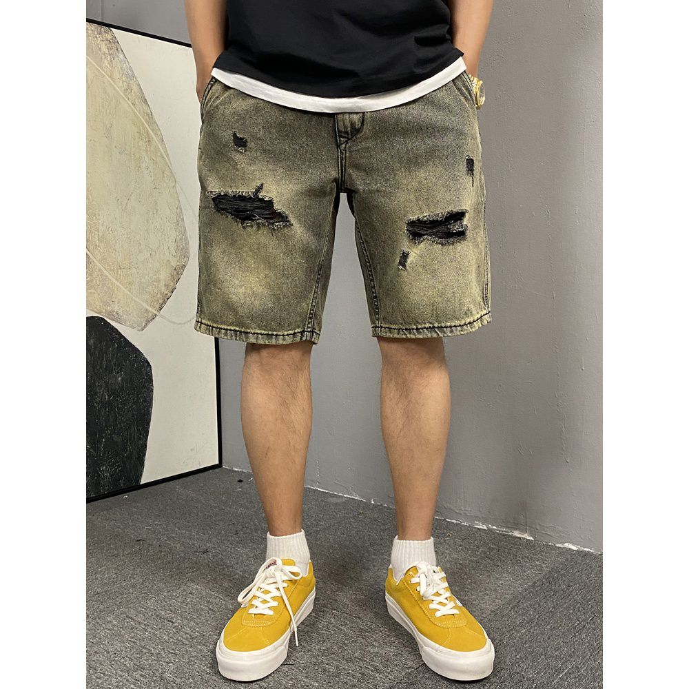 夏季美式休闲水洗复古黄泥色破洞牛仔短裤男直筒宽松潮牌五分裤子