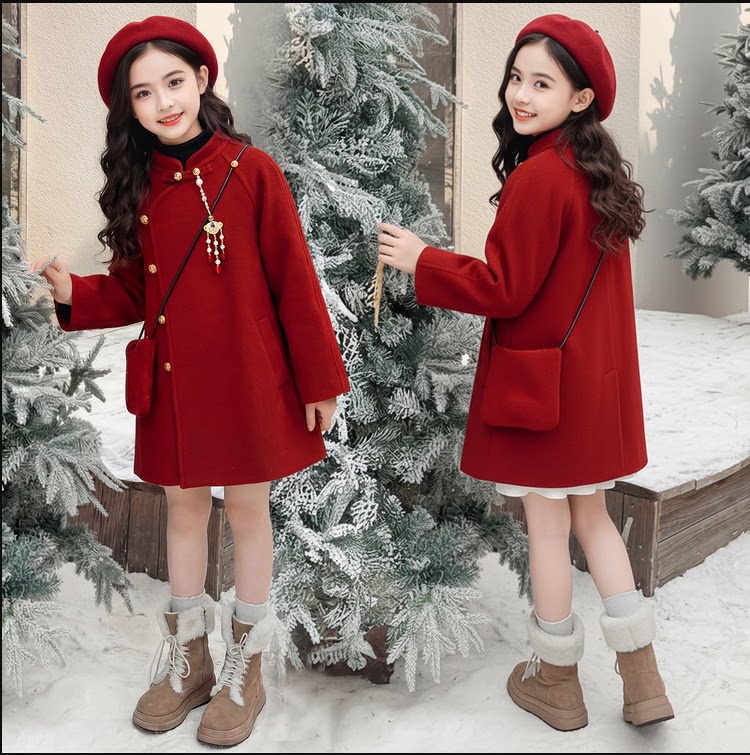 女童新年红呢子大衣冬季加绒加厚中国风唐装毛呢外套儿童拜年服