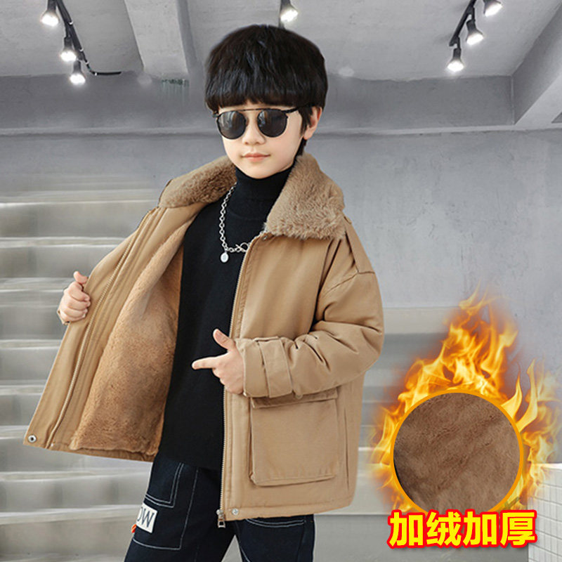 男童秋冬保暖加绒加厚外套新款中大童派克服毛领棉袄/棉服