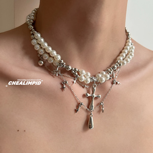 CHEALIMPID/.十字架珍珠多层项链小众设计高级感轻奢男女潮锁骨链