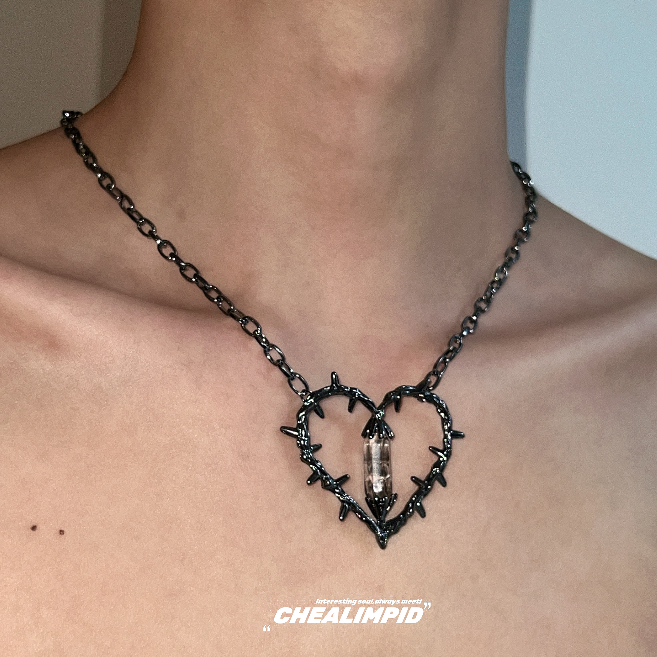 CHEALIMPID/.暗黑荆棘爱心宝石吊坠项链朋克哥特风小众设计锁骨链
