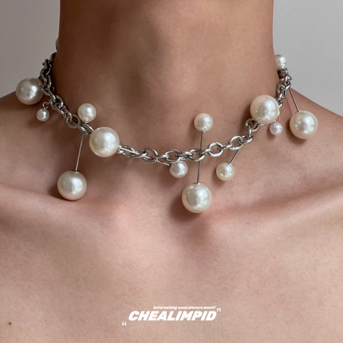 CHEALIMPID/.泡泡珍珠流苏链条项链不规则小众choker潮男女锁骨链