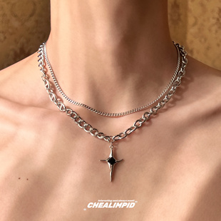 CHEALIMPID/.十字架芒星双层项链欧美嘻哈街头潮穿搭冷淡风锁骨链