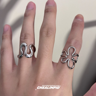 CHEALIMPID/.不规则线条几何金属波浪花朵钛钢戒指潮男女开口指环