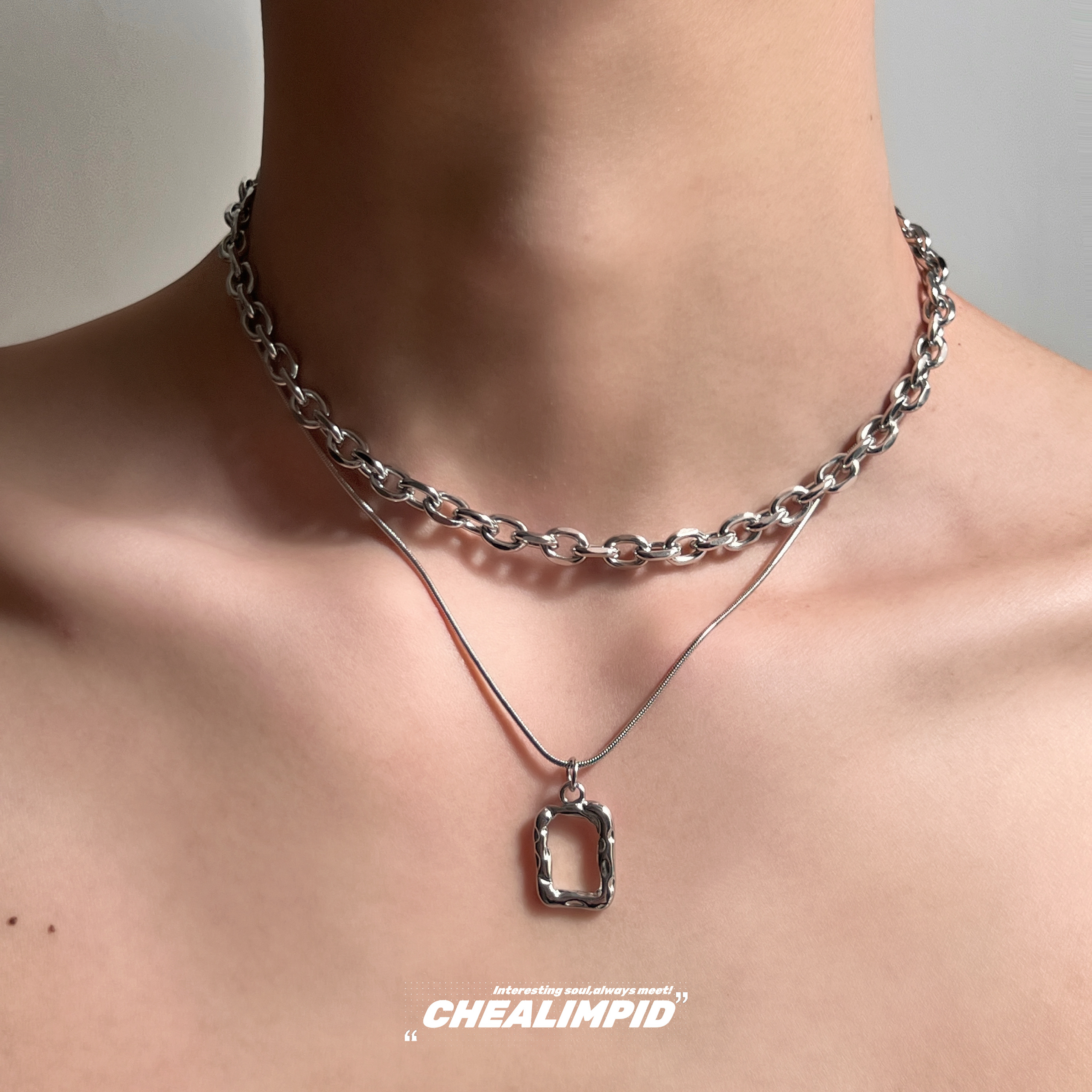 CHEALIMPID/.双层叠戴几何吊坠钛钢项链小众设计高级嘻哈潮锁骨链
