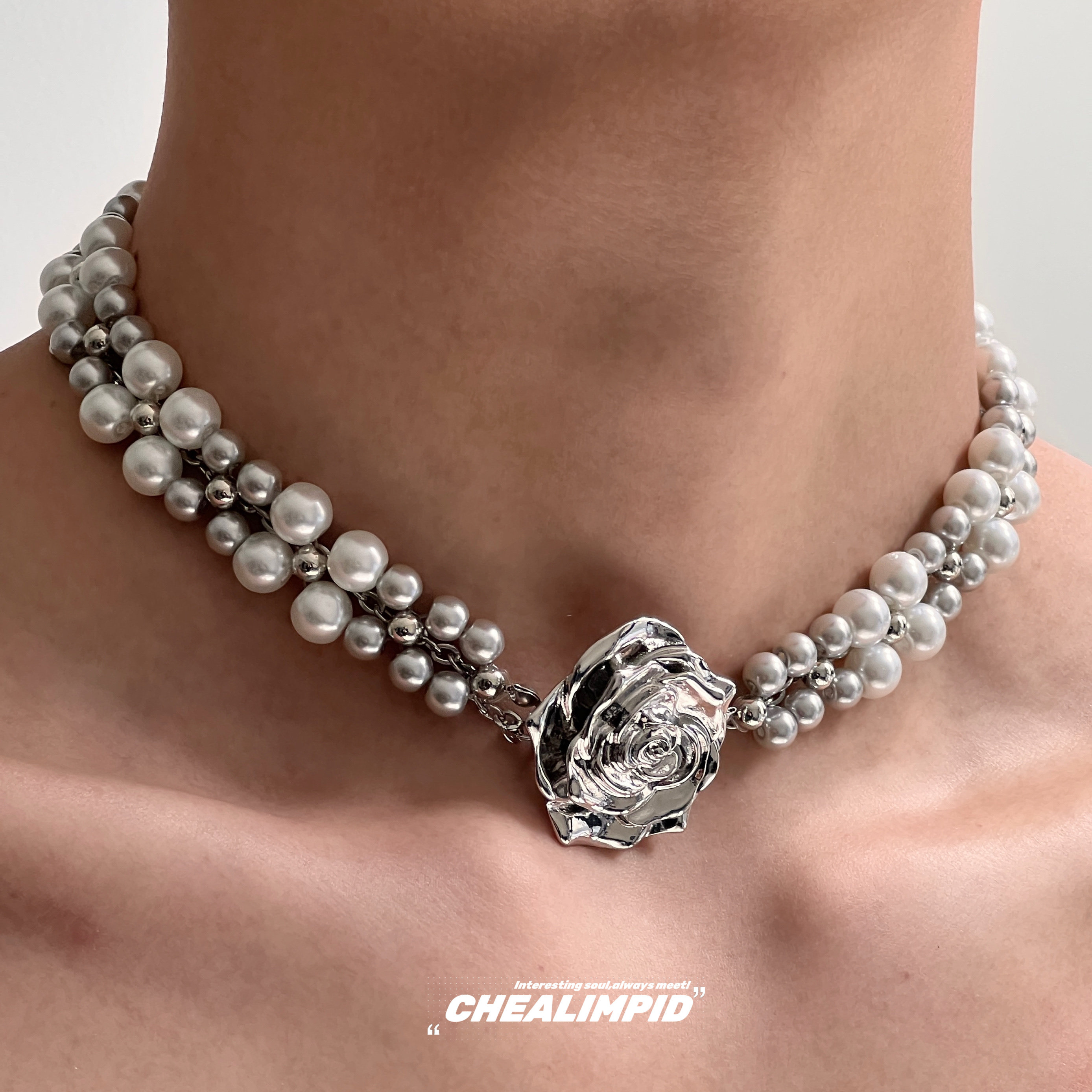 CHEALIMPID/.叠戴珍珠银玫瑰choker项链小众设计高级女轻奢颈链