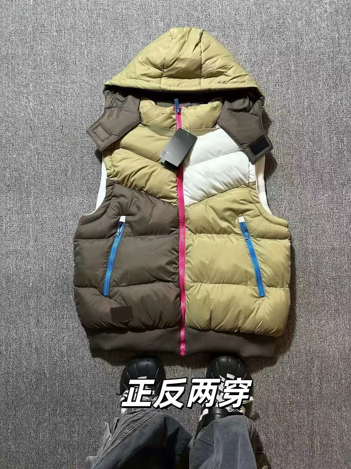 拼接撞色马甲保暖加厚背心坎肩男女户外防风双面穿棉衣可脱卸帽