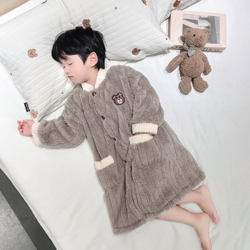 男童珊瑚绒睡袍秋冬装开衫中长款