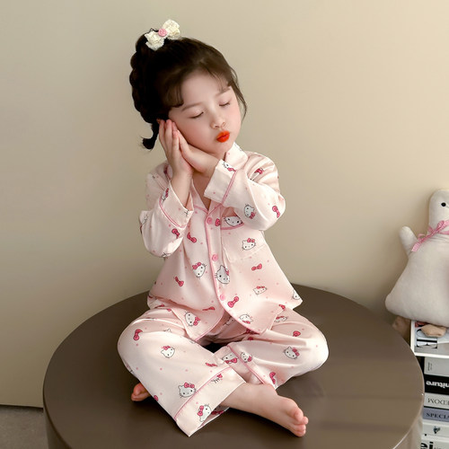 薄款空调服睡衣女儿童春秋夏季冰丝绸2026新款7岁宝宝小孩Kitty猫