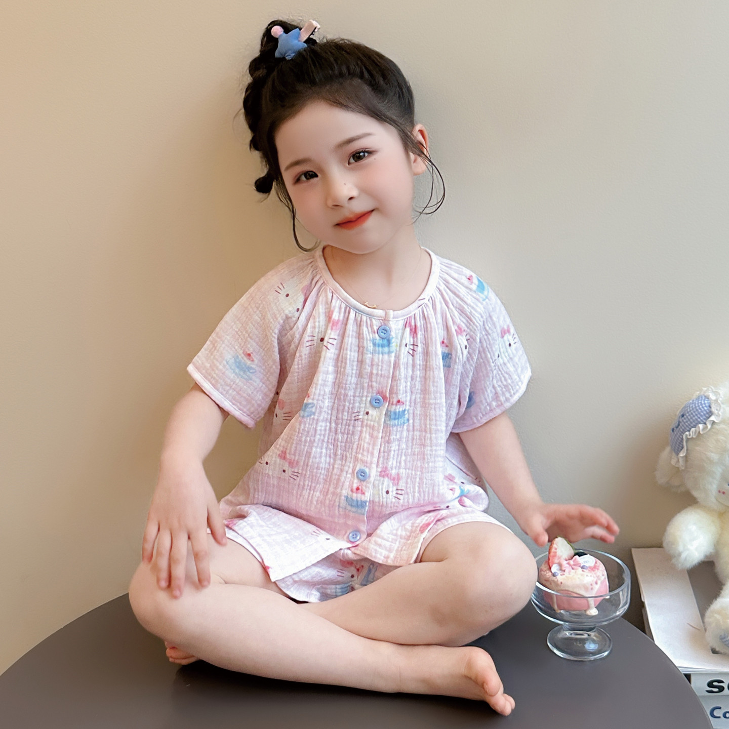 超透气纯棉纱布~空调汗蒸服短袖图片