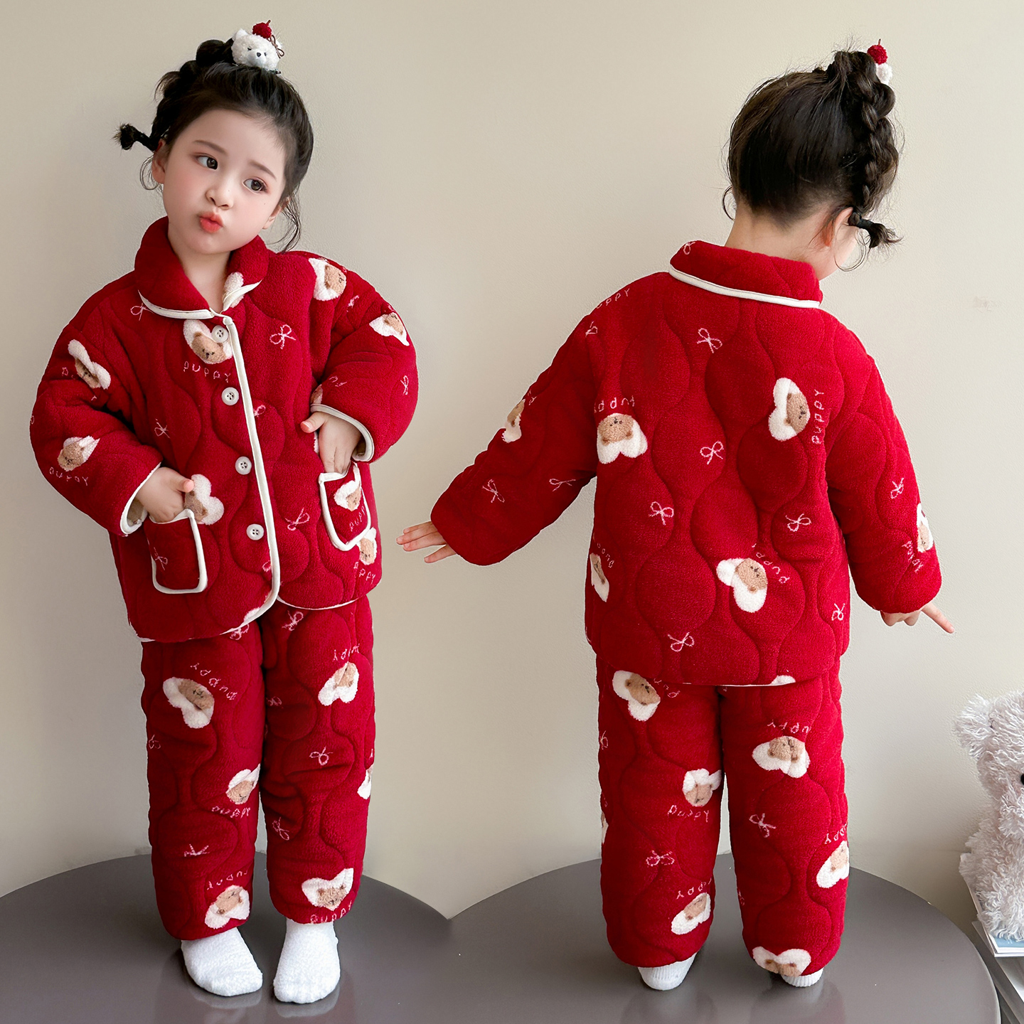 女儿童珊瑚绒睡衣冬季2025新款宝宝中国红三层夹棉加绒厚小孩家居