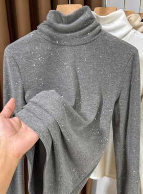 灰色长袖半高领德绒打底衫女秋冬高级感修身显瘦洋气内搭上衣小衫