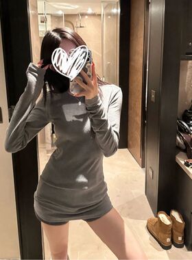 2025新款灰色绑带正肩长袖t恤女春秋内搭外穿打底衫独特别致上衣