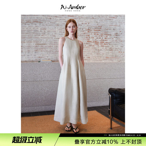 【法国麻】W.Amber亚麻细闪无袖连衣裙女夏季新款圆领背心裙长裙