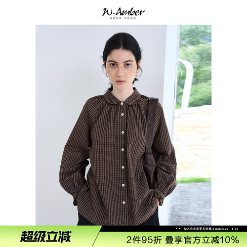 W.Amber全棉花瓣领法式复古长袖衬衫女2026夏季新款宽松格纹衬衣